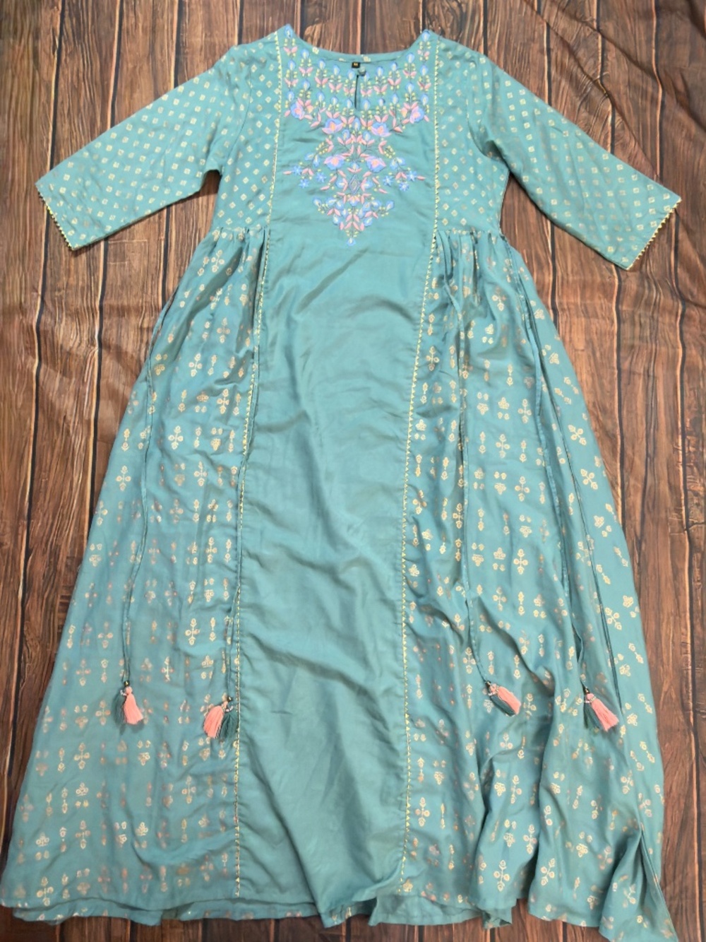 Janasya Teal Embroidered Anarkali Maxi Dress Kurta M